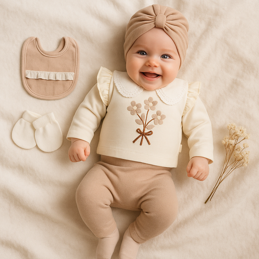 Baby 5-teiliges Erstlingsset – Langarmshirt, Hose, Mütze, Lätzchen & Handschuhe | 100% Baumwolle