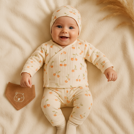 Baby 3-teiliges Set – Wickelshirt, Hose & Mütze mit Kirschmuster | 0–3 Monate