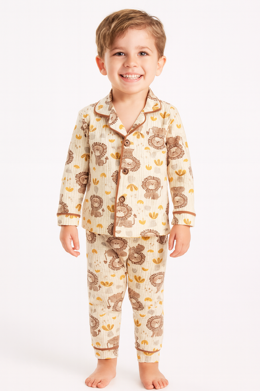 Kinder Schlafanzug 2-teilig – Baumwolle Pyjama mit Löwen-Print (1–3 Jahre)
