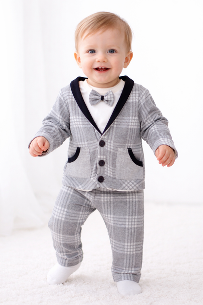 Baby Jungen 3-teiliges Anzug Set Grau kariert
