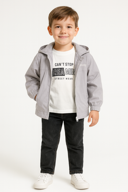 Kinder Outfit Set – Jacke, Shirt & Jeans (Hellblau oder Grau)