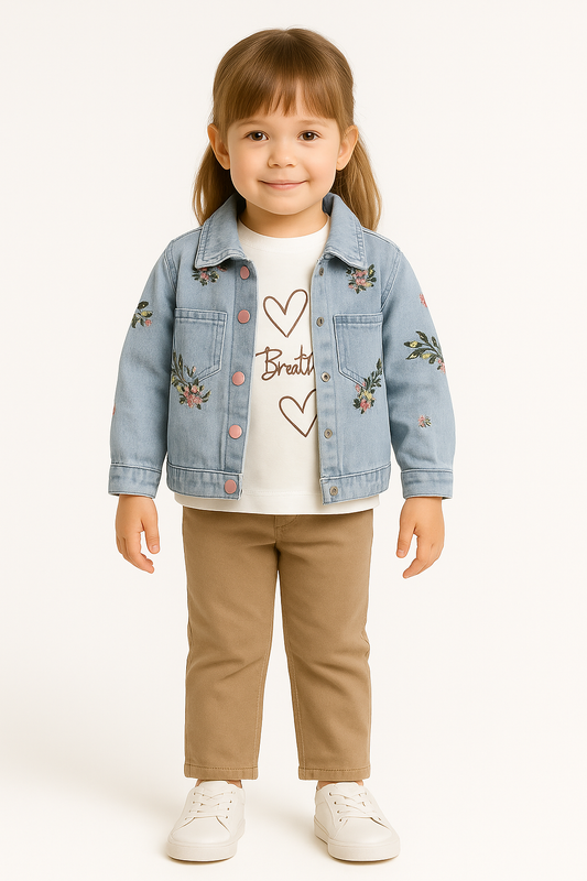 Mädchen Outfit 3-teilig „Just Breathe“ – Jeansjacke bestickt, Langarm-Shirt & Hose