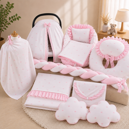 Baby Nestchen Set Rosa mit Kronen 13-teilig