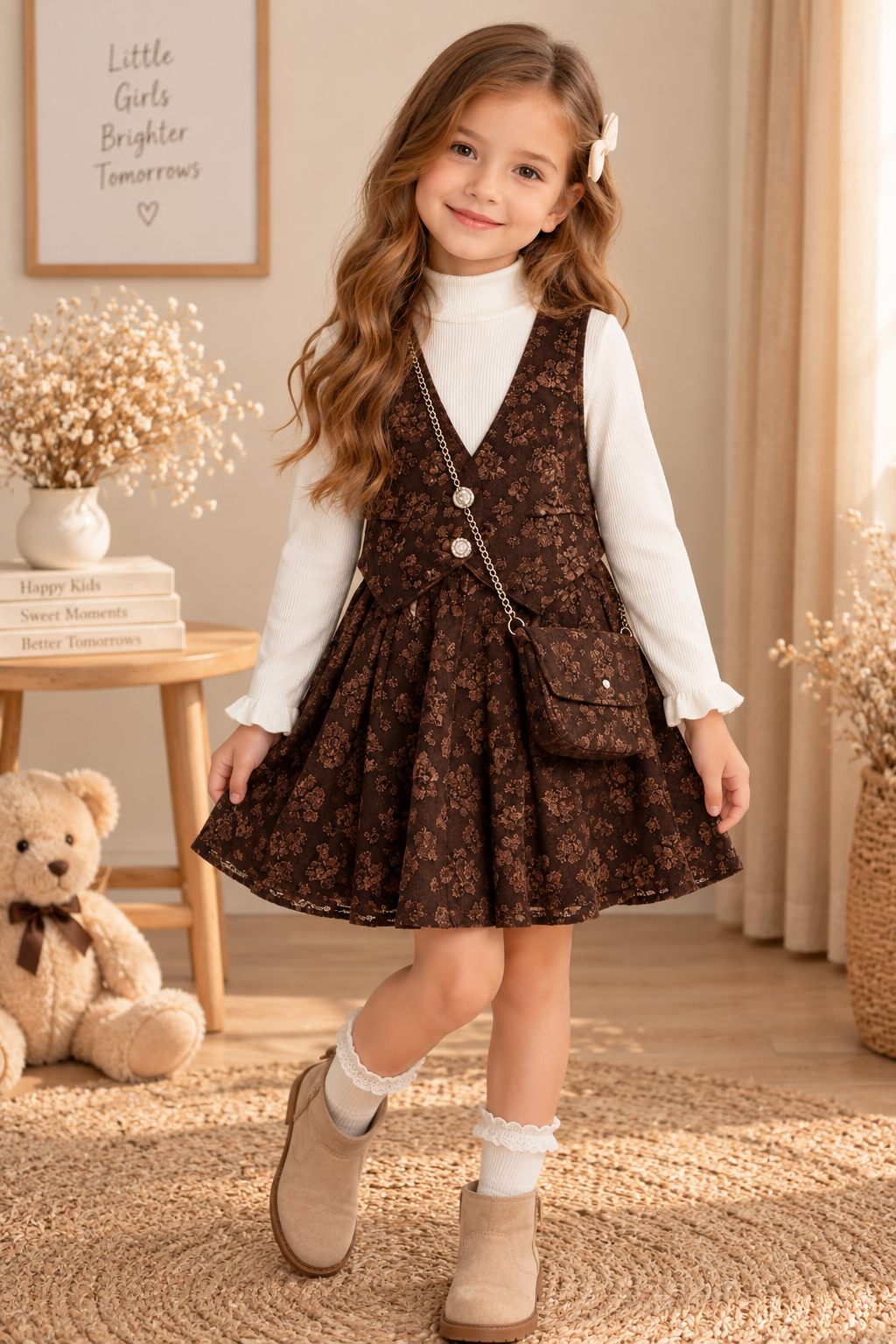 Mädchen Kleid Braun Tasche