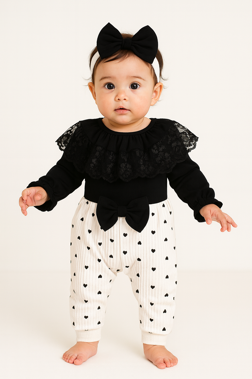3-teiliges Baby Mädchen Set – Jumpsuit mit Spitze, Herzchenhose & Schleifen-Haarband