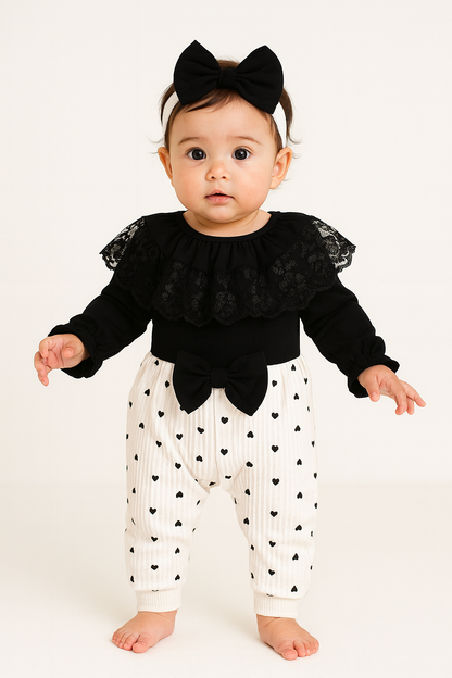3-teiliges Baby Mädchen Set – Jumpsuit mit Spitze, Herzchenhose & Schleifen-Haarband