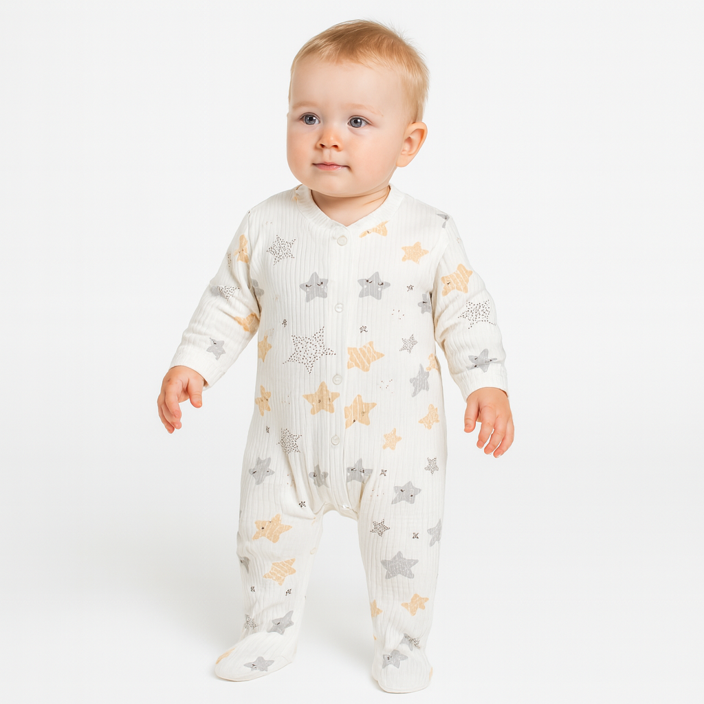 Baby Strampler mit Sternen – Langarm, Baumwolle, Fußteil, cremefarben