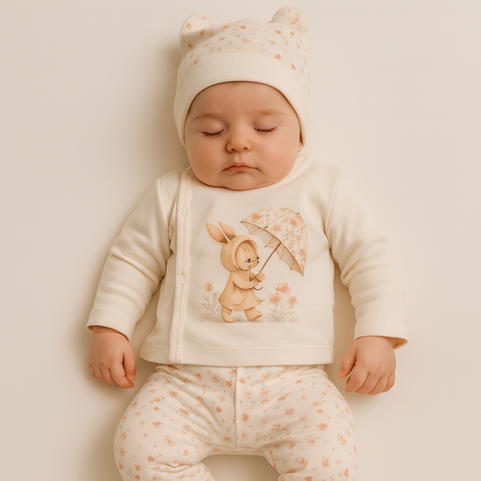 Baby Mädchen Set – Häschen-Motiv mit Floral-Hose & Mütze (3-teilig, Creme)