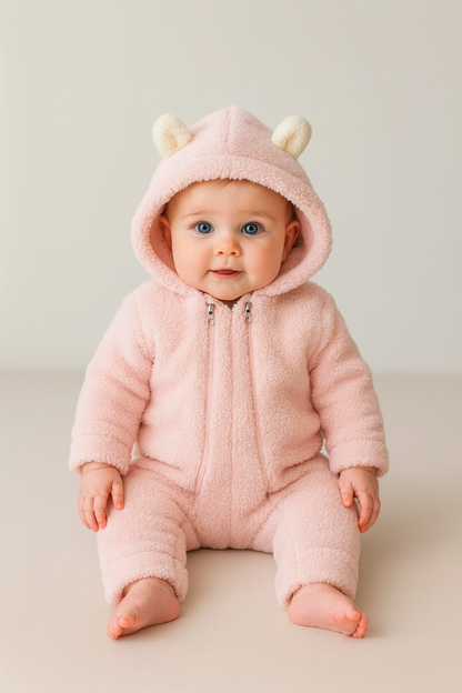 Baby Overall aus Teddyfleece – Rosa oder Grün mit Kapuze & Ohren