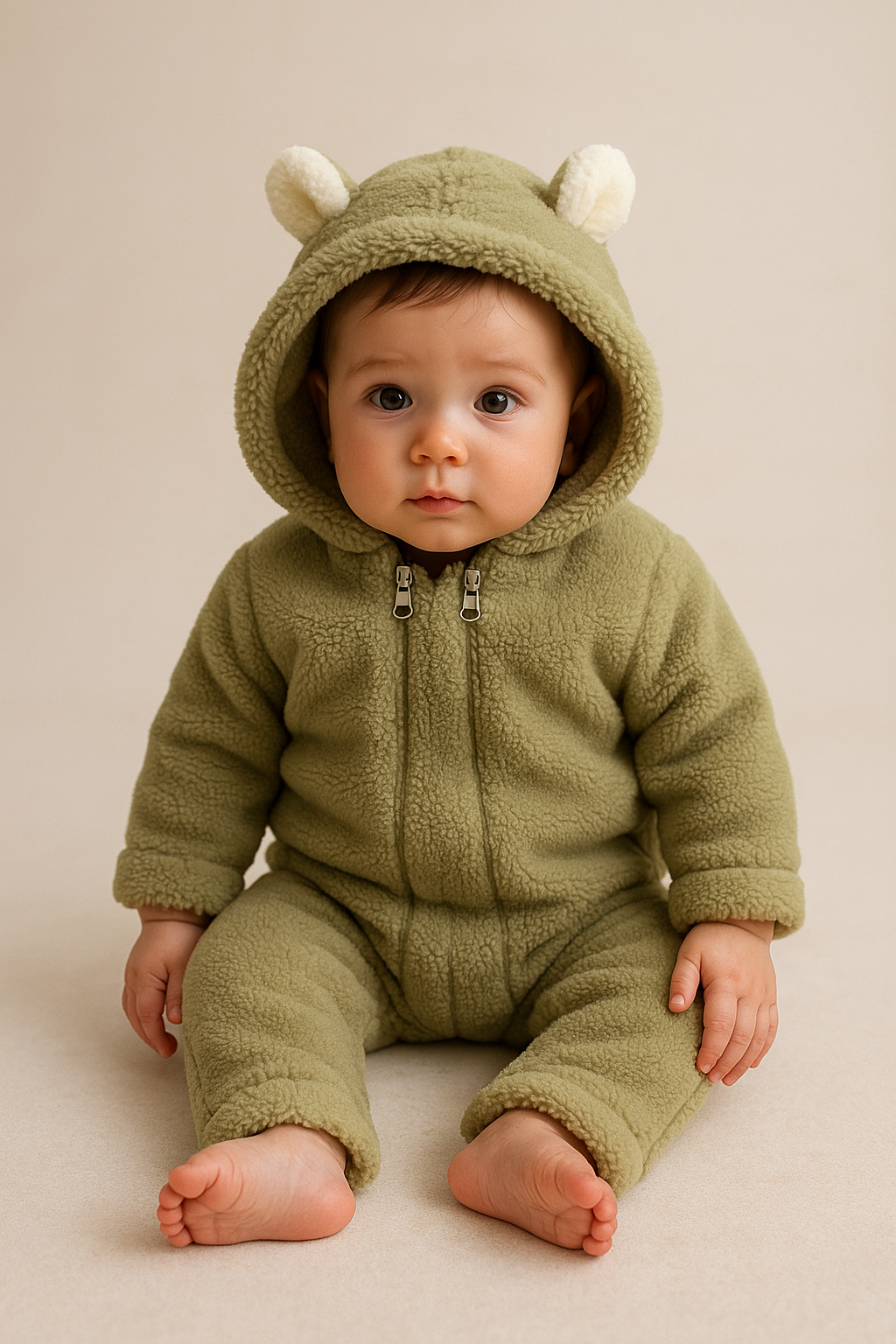 Baby Overall aus Teddyfleece – Rosa oder Grün mit Kapuze & Ohren