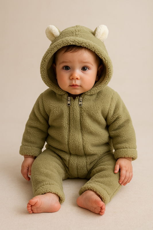 Baby Overall aus Teddyfleece – Rosa oder Grün mit Kapuze & Ohren
