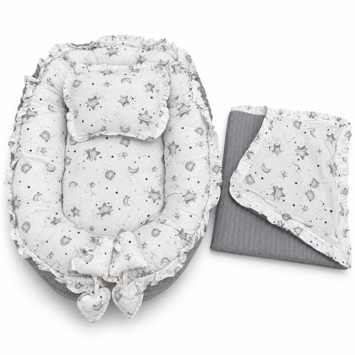 Babynest Set Grau mit Mond & Sterne