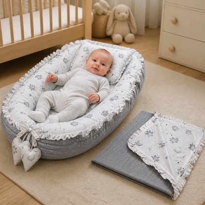 Babynest Set Grau mit Mond & Sterne
