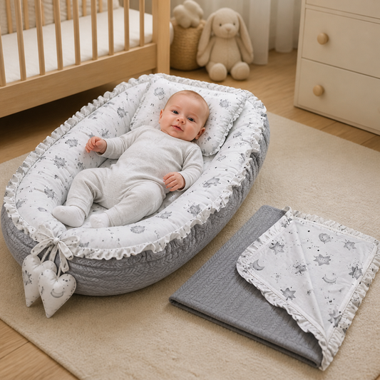 Babynest Set Grau mit Mond & Sterne