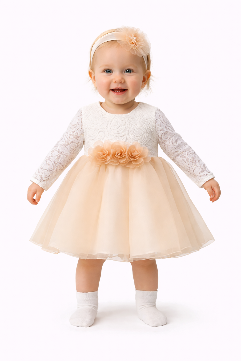 Elegantes Baby Mädchen Kleid Set – Festliches Spitzenkleid mit Stirnband & Schuhen | Taufkleid | Feierkleid