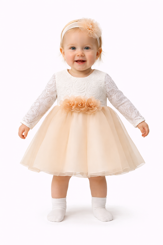 Elegantes Baby Mädchen Kleid Set – Festliches Spitzenkleid mit Stirnband & Schuhen | Taufkleid | Feierkleid