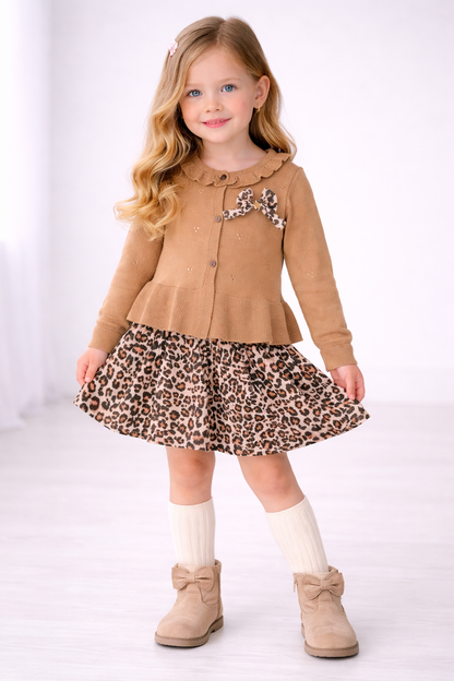 Zweiteiliges Mädchen-Set – Strickjacke & Leopard-Rock 🐆✨