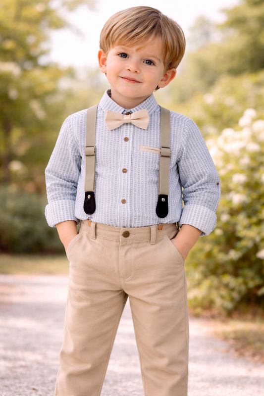 Vierteiliges Set für Jungen – Hose, Hemd, Hosenträger & Fliege 👦✨
