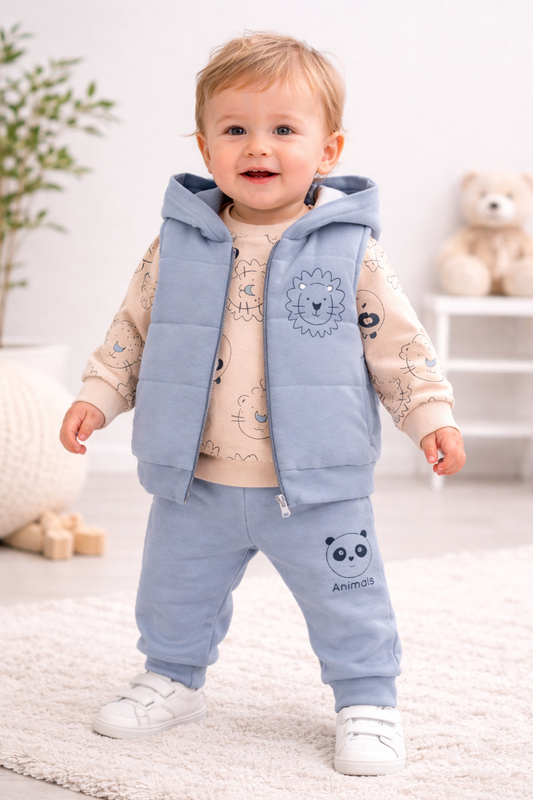 Baby Jungen 3-teiliges Outfit – Hoodie, Weste & Hose aus Baumwolle