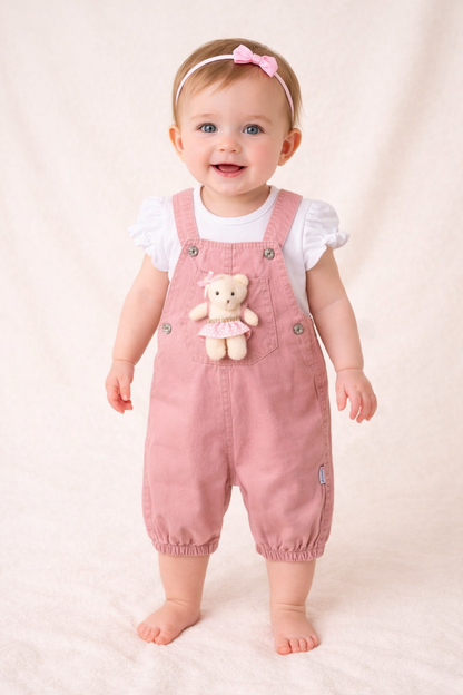 Baby Mädchen 2-teiliges Outfit Set mit Latzhose & Bärchen-Detail