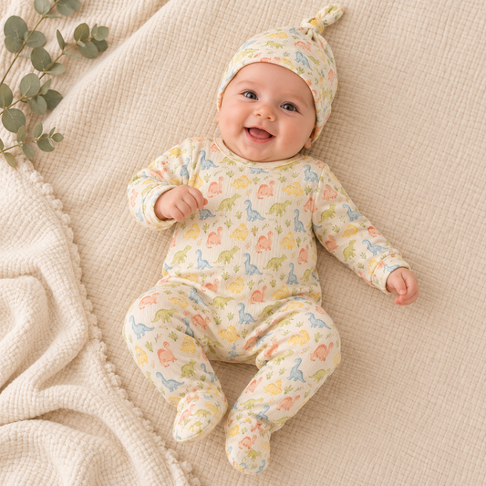 Baby Strampler mit Dino-Motiv & Mütze – Langarm, 100% Baumwolle