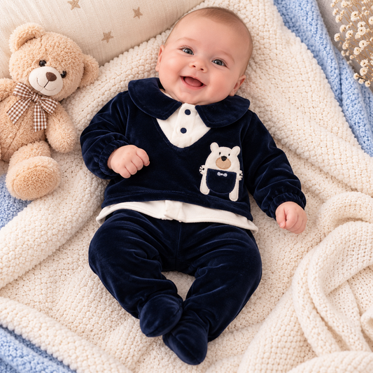 Baby Strampler Samt Dunkelblau Bär