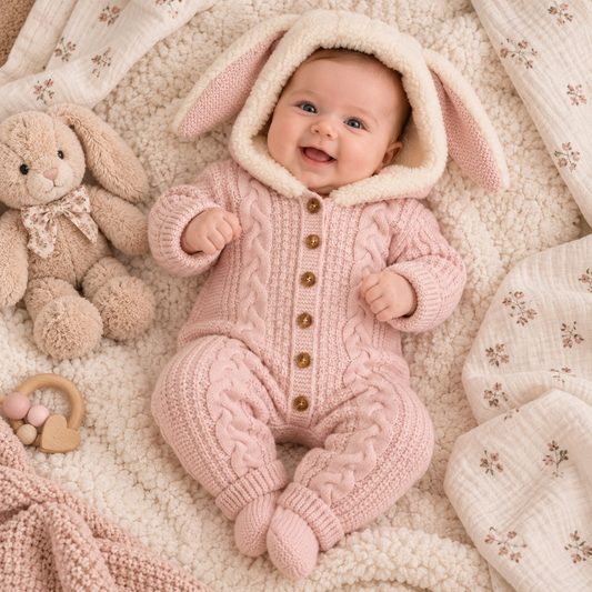 Baby Strickoverall Hasenohren Zopfmuster