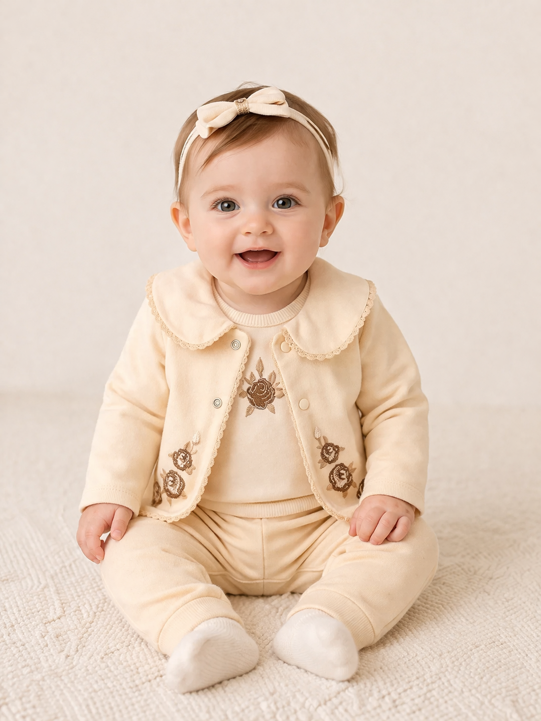 Baby Set Body Jacke Beige mit Blumen Stickerei