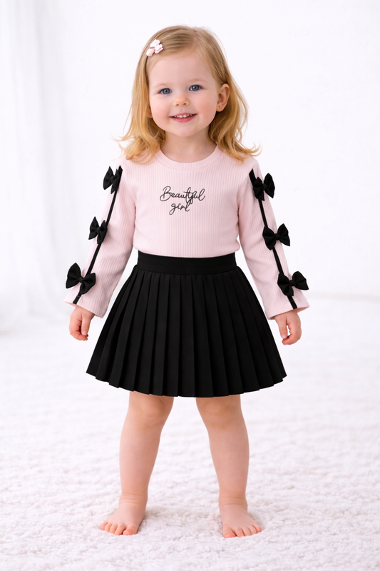 Mädchen 2-teiliges Outfit – Langarmshirt & Faltenrock mit Schleifen