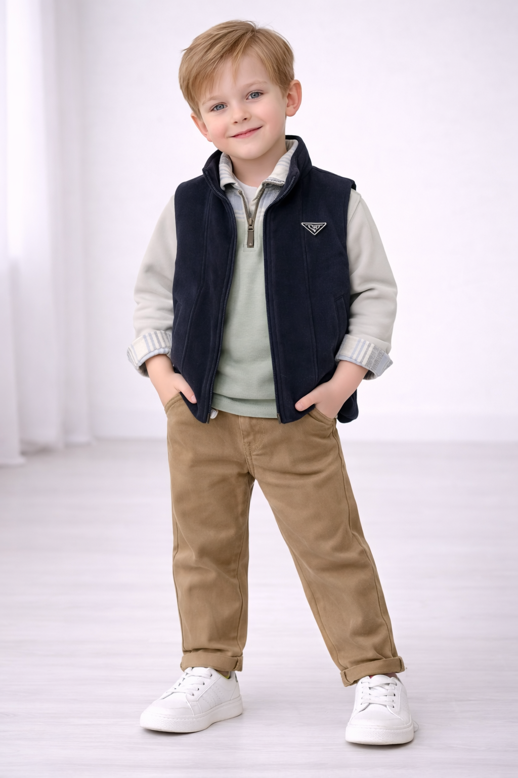 4-teiliges Jungen Outfit – Hemd, Oberteil, Weste & Hose
