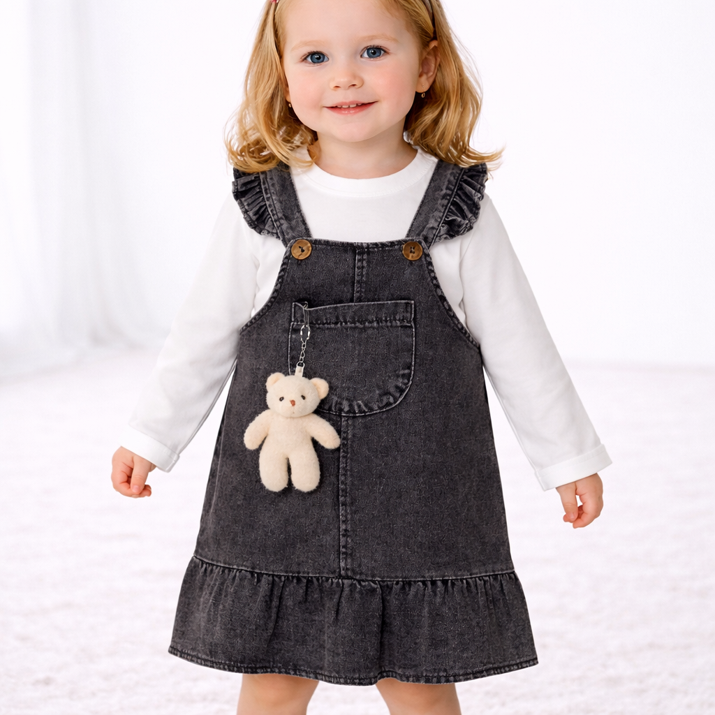 Mädchen Set – Latzrock mit Teddy & Langarmshirt 👧🖤🤍