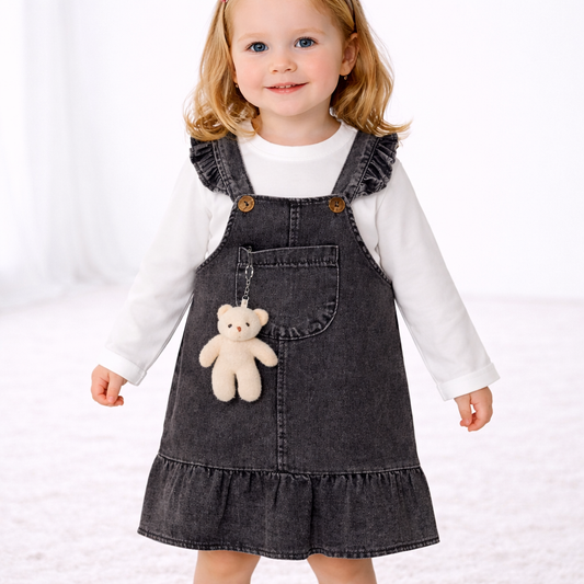 Mädchen Set – Latzrock mit Teddy & Langarmshirt 👧🖤🤍