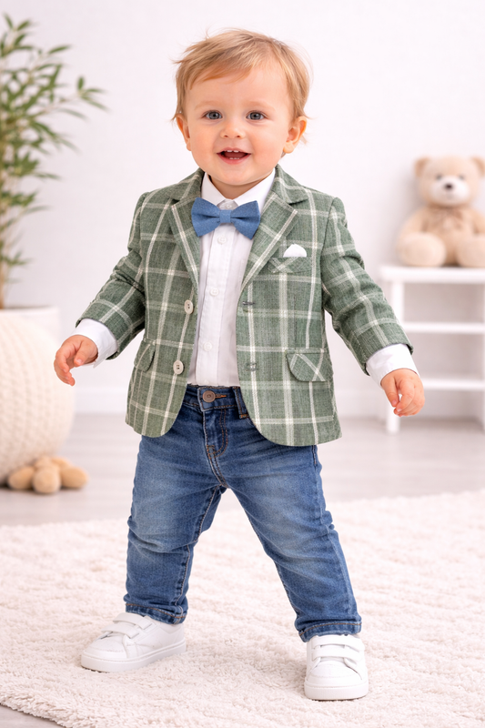 Baby Jungen 4-teiliges Anzugset – Sakko, Hemd, Jeans & Fliege