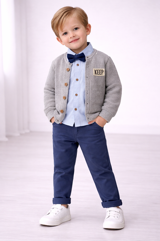 Jungen Outfit 3-teilig | Hemd mit Fliege, Strickjacke & Hose | Elegantes Set