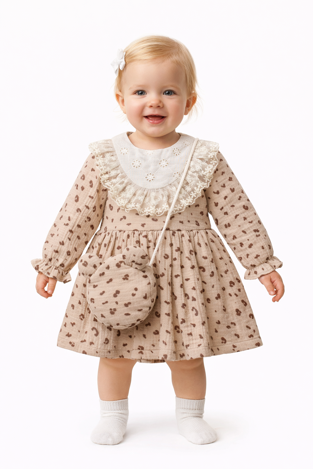 Süßes Baby Mädchen Kleid mit Spitzenkragen & passender Tasche