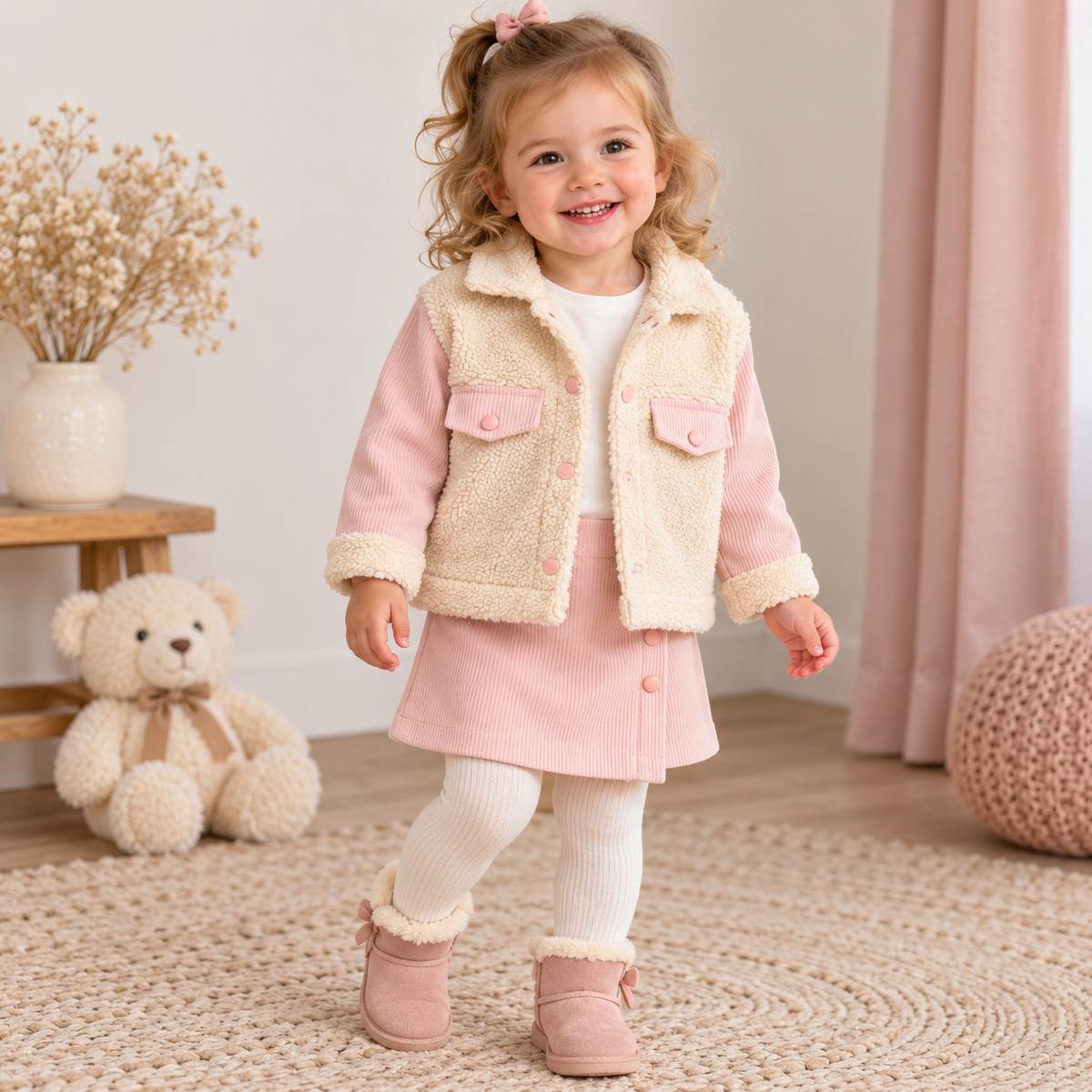 Mädchen-Outfit Teddyjacke Rock Rosa