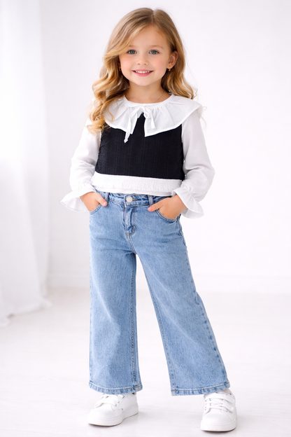 Dreiteiliges Mädchen-Outfit mit Bluse, Top & Jeans – stylisch & modern