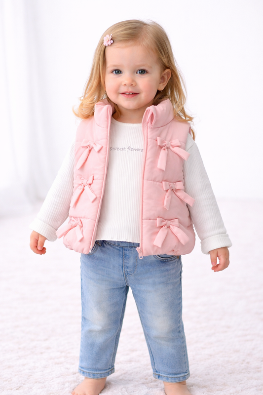 Mädchen 3-teiliges Outfit – Jeans, Langarmshirt & Weste mit Schleifen