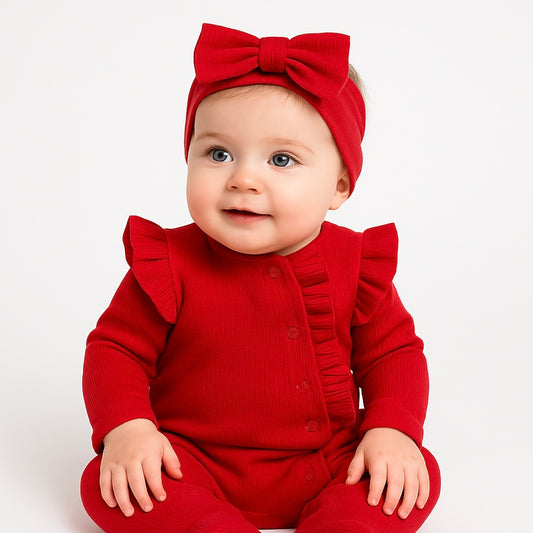 Baby Mädchen Strampler – Roter Jumpsuit mit Rüschen & Haarband