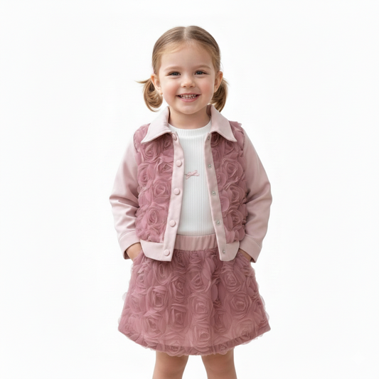 Mädchen 3-teiliges Outfit – Rock, weißes Oberteil & rosa Jacke