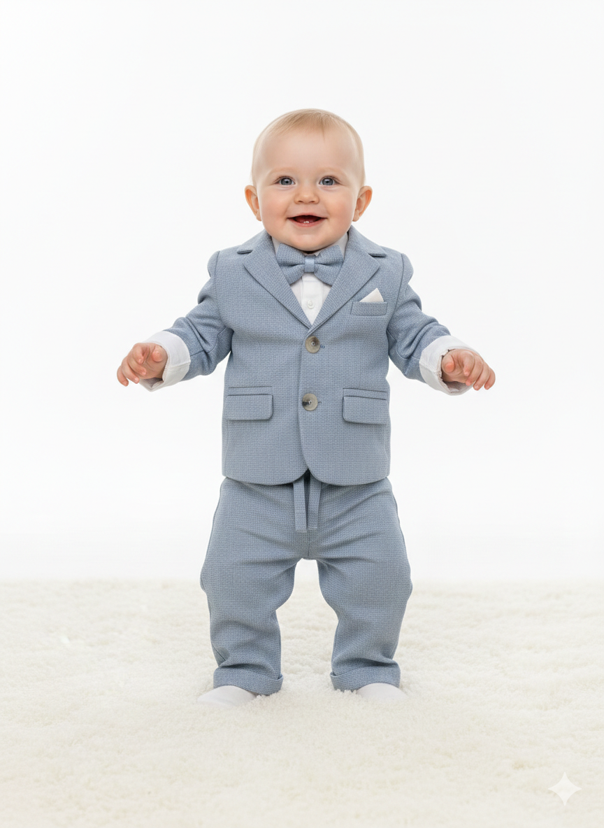 Vierteiliges Baby-Jungen-Anzugset in Hellblau mit Hemd, Sakko, Hose & Fliege