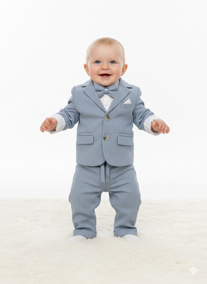 Vierteiliges Baby-Jungen-Anzugset in Hellblau mit Hemd, Sakko, Hose & Fliege