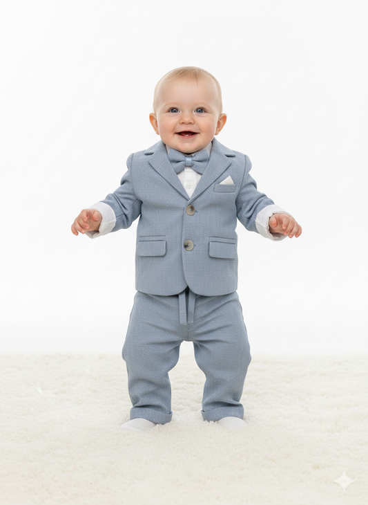 Vierteiliges Baby-Jungen-Anzugset in Hellblau mit Hemd, Sakko, Hose & Fliege