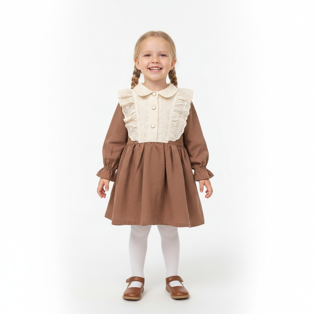 Elegantes Mädchenkleid mit Spitze & Rüschen-Details – festliches Langarmkleid