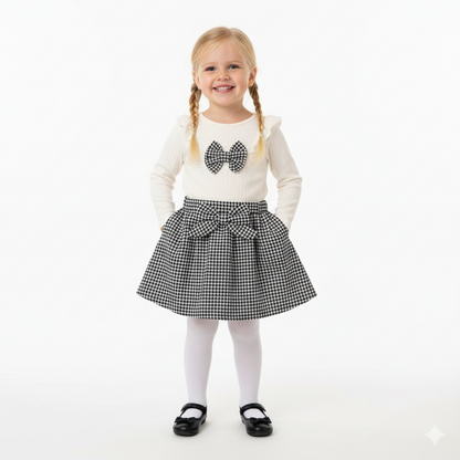 Zweiteiliges Baby-Mädchen Outfit mit Oberteil & Rock – Schwarz-Weiß Schleifenlook