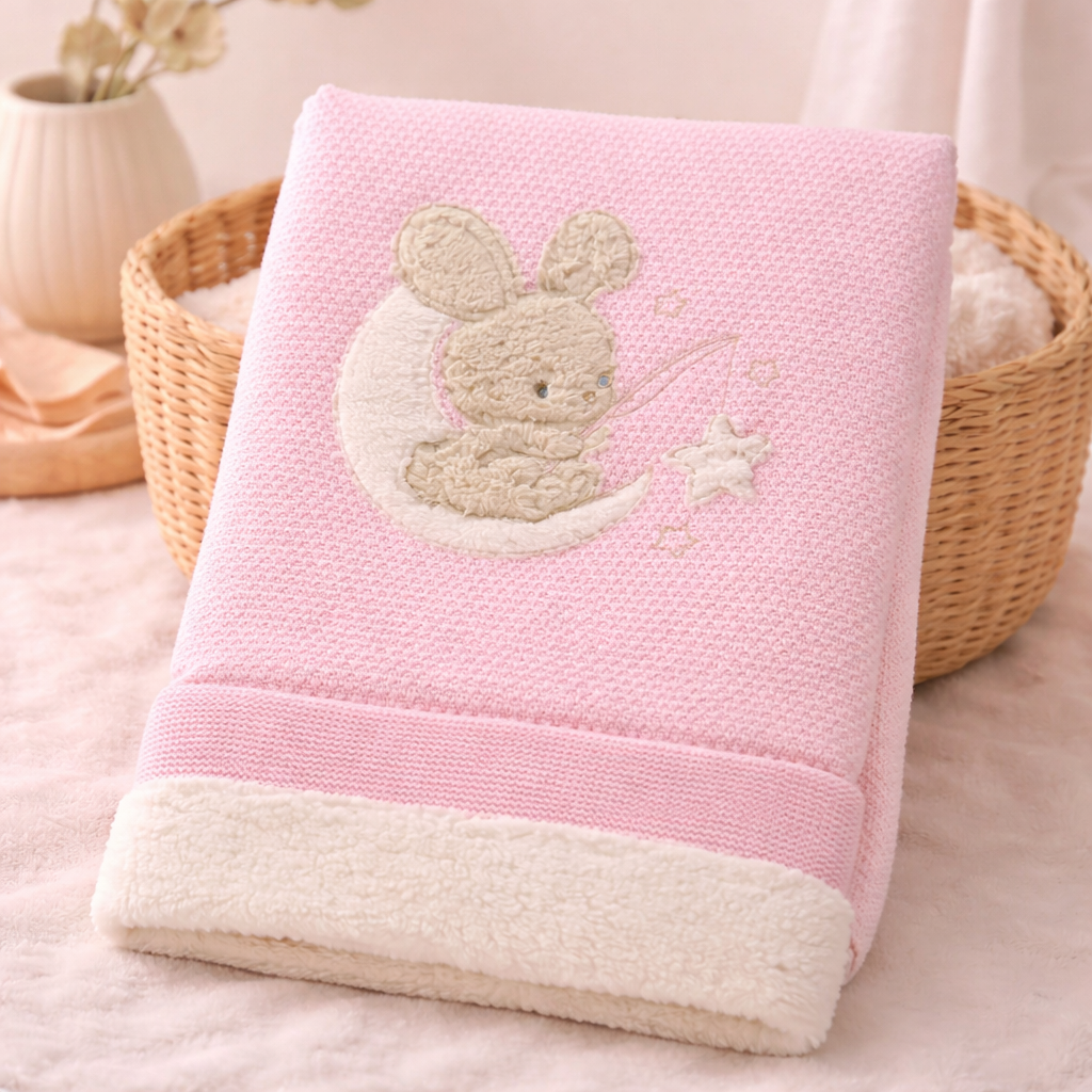 Kuschelige Babydecke „Bunny Moon“ – gefüttert & extra weich | Rosa oder Hellblau