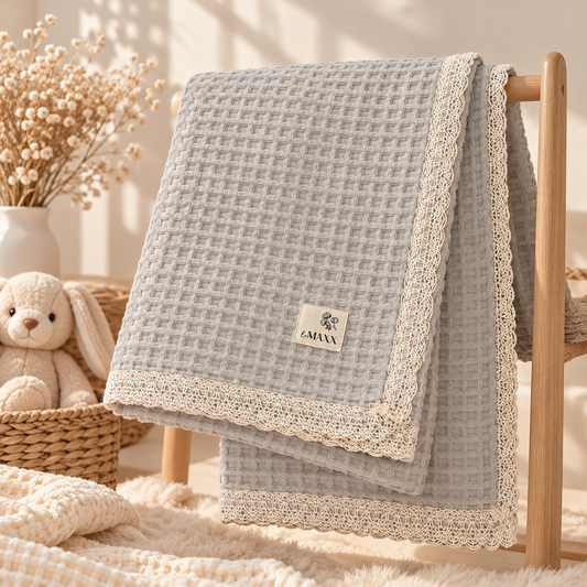 Weiche Babydecke in Beige mit Spitzenrand | Kuscheldecke für Neugeborene