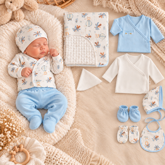 Baby-Erstlingsset 10-teilig – Blau/Weiß mit Decke, Kleidung & Accessoires