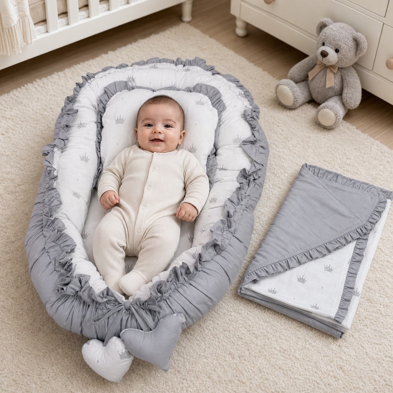 Babynest Set Grau Krone