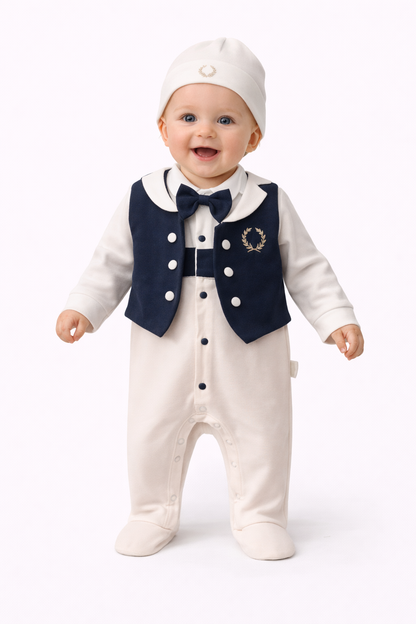 Eleganter Baby Jungen Strampler mit Weste & Mütze – Festliches Outfit in Dunkelblau/Weiß 🎩